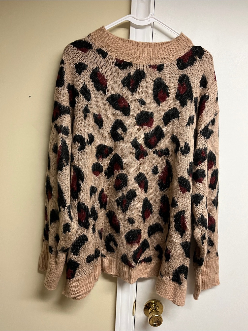Cozy Beige Leopard-Print Scoop Neck Sweater with Black & Burgundy Spots